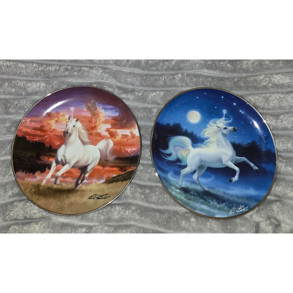 Franklin Mint Kirk Reinert Diamond Unicorn Collector Plates Set of 2 Limited Ed